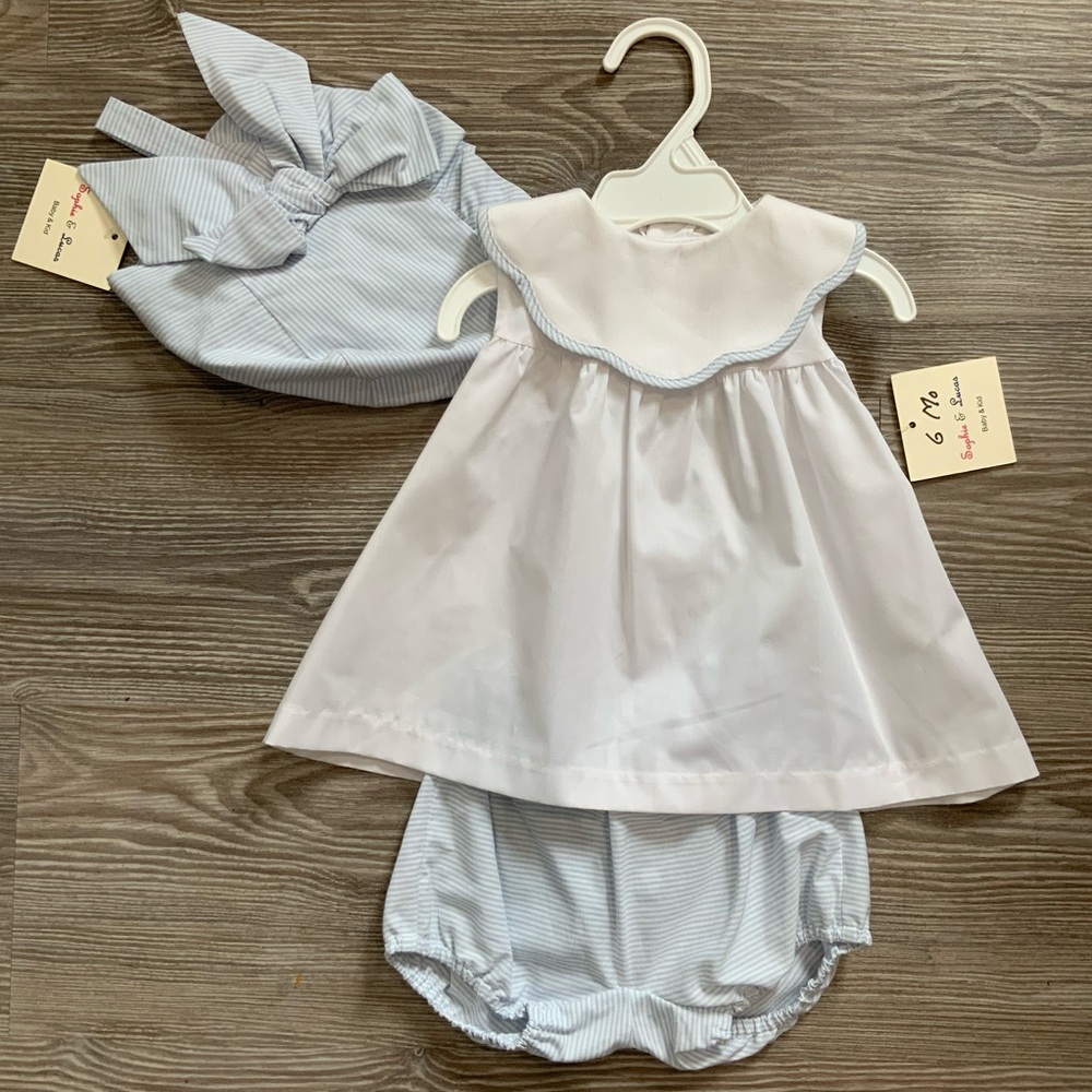 NEW Sophie & Lucas Baby Girls Light Blue & White Dress Set w Bloomer and Hat 6M